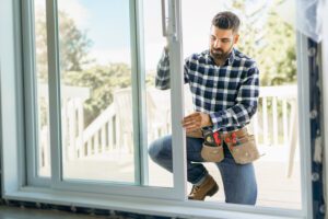 man installing bay window in a new house