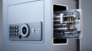 close-up of a safe deposit box and open safe with electronic control panel