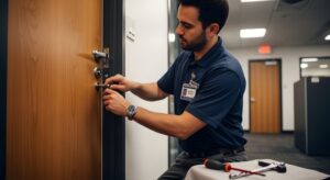 Professional locksmith fixing office door lock for security