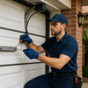 A man in a navy uniform and gloves is using screwdrivers to adjust a garage door mechanism.