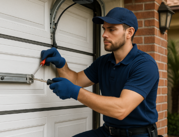 A man in a navy uniform and gloves is using screwdrivers to adjust a garage door mechanism.