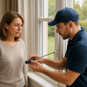 A technician uses a screwdriver to adjust a window lock while a woman watches.