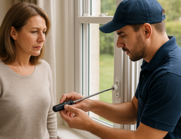 A technician uses a screwdriver to adjust a window lock while a woman watches.